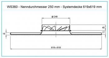 Dralldurchlass WS360 Ø250mm Systemplatte 619x619mm<br>aus Stahl, RAL 9010 (reinweiß) lackiert