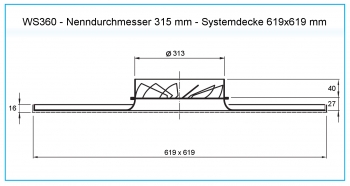 Dralldurchlass WS360 Ø315mm Systemplatte 619x619mm<br>aus Stahl, RAL 9010 (reinweiß) lackiert