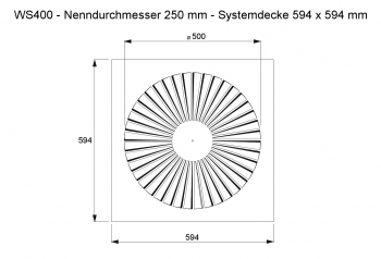 Dralldurchlass WS400 Ø250mm Systemplatte 594x594mm<br>aus Stahl, RAL 9010 (reinweiß) lackiert