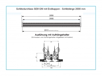 Schlitzdurchlass SE612 aus Aluminium - 2 Schlitze<br>als einteiliges Lüftungsgitter - 2000 mm Schlitzlänge