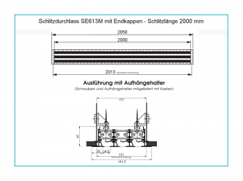 Schlitzdurchlass SE613 aus Aluminium - 3 Schlitze<br>als einteiliges Lüftungsgitter - 2000 mm Schlitzlänge