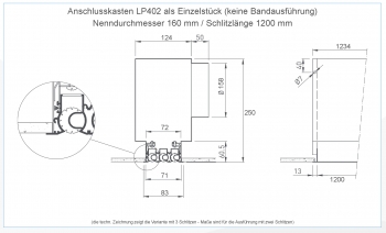 Anschlusskasten LP402 - Ø 160 mm - für LT452, 1-teilig<br>Schlitzlänge 1200 mm - aus verzinktem Stahlblech