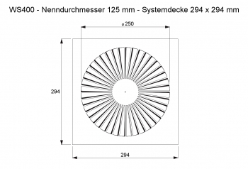 Dralldurchlass WS400 Ø125mm Systemplatte 294x294mm<br>aus Stahl, RAL 9010 (reinweiß) lackiert