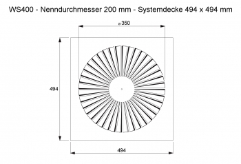 Dralldurchlass WS400 Ø200mm Systemplatte 494x494mm<br>aus Stahl, RAL 9010 (reinweiß) lackiert