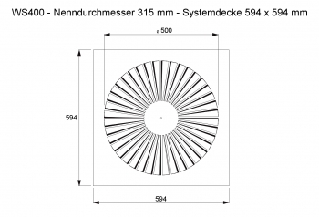 Dralldurchlass WS400 Ø315mm Systemplatte 594x594mm<br>aus Stahl, RAL 9010 (reinweiß) lackiert