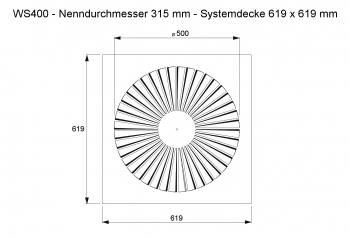 Dralldurchlass WS400 Ø315mm Systemplatte 619x619mm<br>aus Stahl, RAL 9010 (reinweiß) lackiert