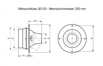 Weitwurfdüse JD120 - Ø 250 mm<br>aus Stahl und Aluminium, RAL 9010 (reinweiß) lackiert