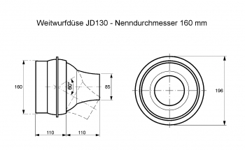 Weitwurfdüse JD130 - Ø 160 mm<br>aus Stahl und Aluminium, RAL 9010 (reinweiß) lackiert