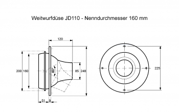 Weitwurfdüse JD110 - Ø 160 mm<br>aus Stahl und Aluminium, RAL 9010 (reinweiß) lackiert