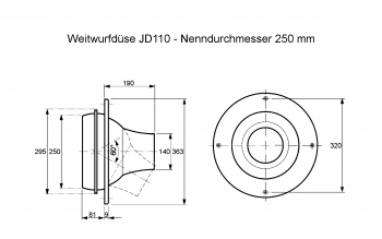 Weitwurfdüse JD110 - Ø 250 mm<br>aus Stahl und Aluminium, RAL 9010 (reinweiß) lackiert