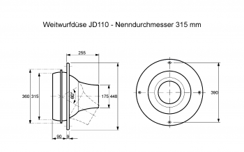 Weitwurfdüse JD110 - Ø 315 mm<br>aus Stahl und Aluminium, RAL 9010 (reinweiß) lackiert
