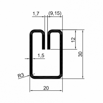 Einfassprofil Typ E 1.7 (rechteckig) - 20 × 30 mm, 3000 mm lang - aus Edelstahl 1.4301, Korn 320 geschliffen