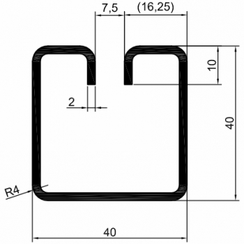 Einfassprofil für Wellengitter, Typ 4, Stahl sendzimirverz., 3000 × 40 × 40 mm, Schlitzbreite 7,5 mm